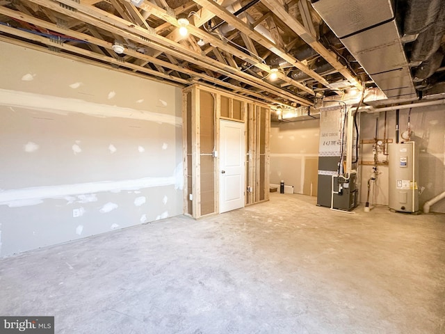 basement with heating unit and water heater