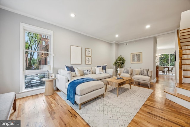 living room with light hardwood / wood-style flooring, plenty of natural light, and ornamental molding