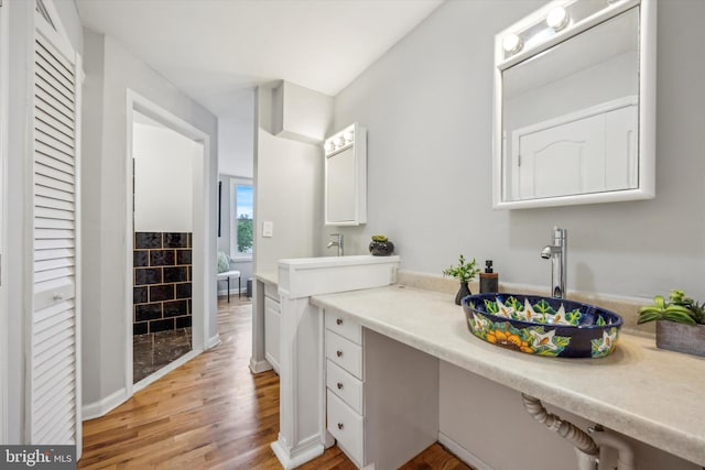 bathroom with wood-type flooring and vanity