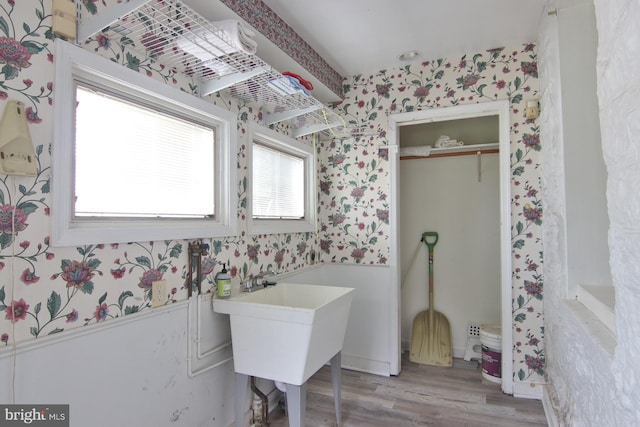 bathroom with hardwood / wood-style floors