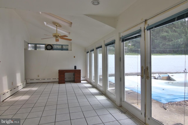 unfurnished sunroom with a wealth of natural light, ceiling fan, and lofted ceiling