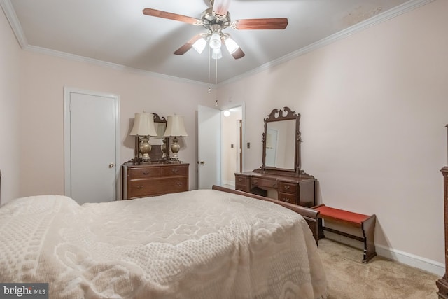 bedroom featuring light carpet, ceiling fan, and ornamental molding