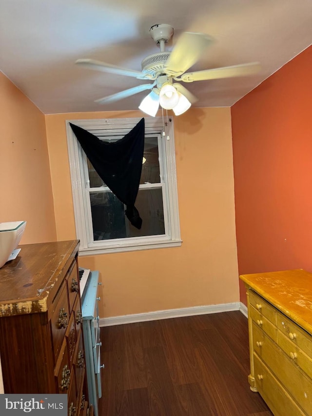 interior space with ceiling fan and dark hardwood / wood-style flooring