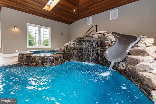 view of swimming pool featuring a skylight