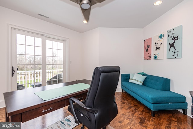 home office with baseboards, wood finished floors, visible vents, and recessed lighting