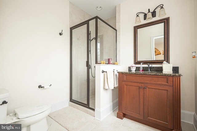 full bath with vanity, a shower stall, toilet, and baseboards