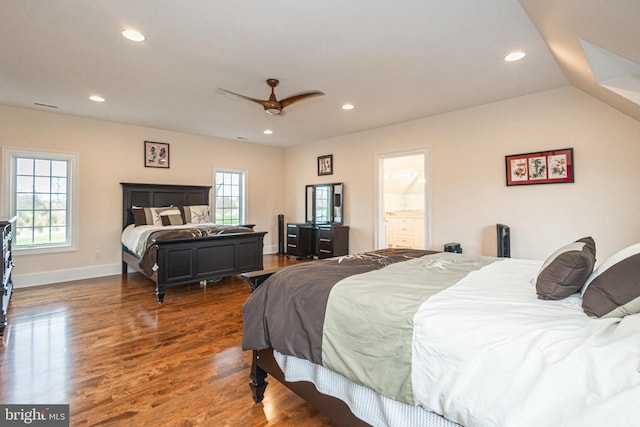 bedroom with recessed lighting, visible vents, a ceiling fan, wood finished floors, and baseboards