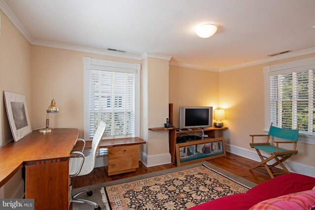 office with ornamental molding and dark hardwood / wood-style floors