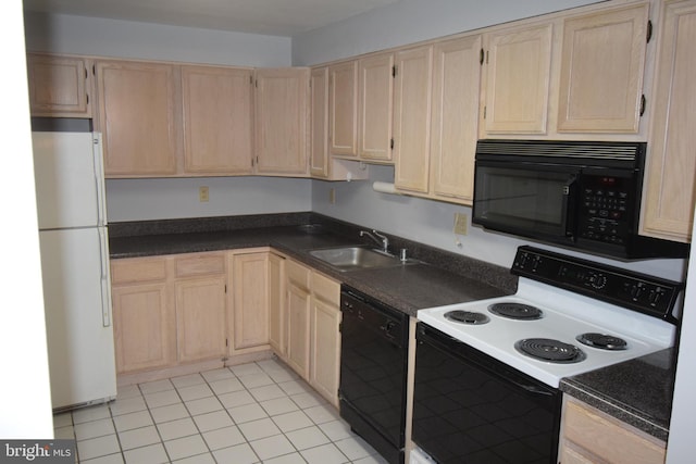 kitchen with black appliances, light brown cabinets, light tile patterned flooring, and sink