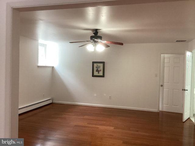 unfurnished room with a baseboard radiator, dark hardwood / wood-style floors, and ceiling fan