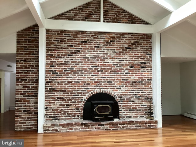 details featuring a wood stove, hardwood / wood-style floors, and baseboard heating