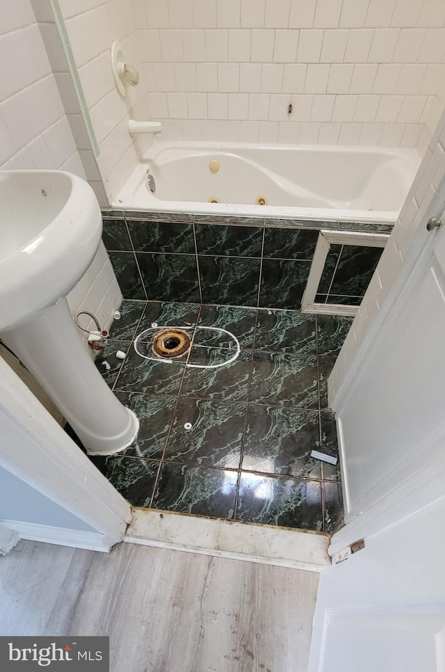 bathroom with wood-type flooring