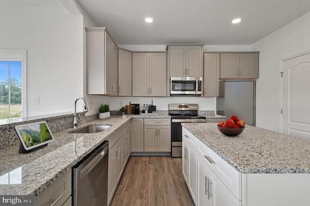 kitchen featuring light stone countertops, gray cabinetry, stainless steel appliances, dark wood-type flooring, and sink