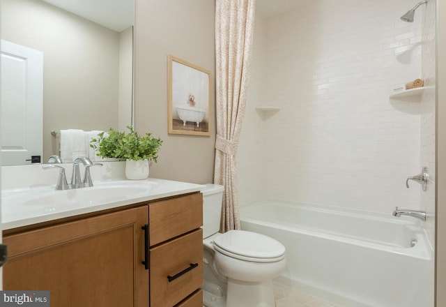 full bathroom with tile flooring, oversized vanity, toilet, and shower / bath combo with shower curtain