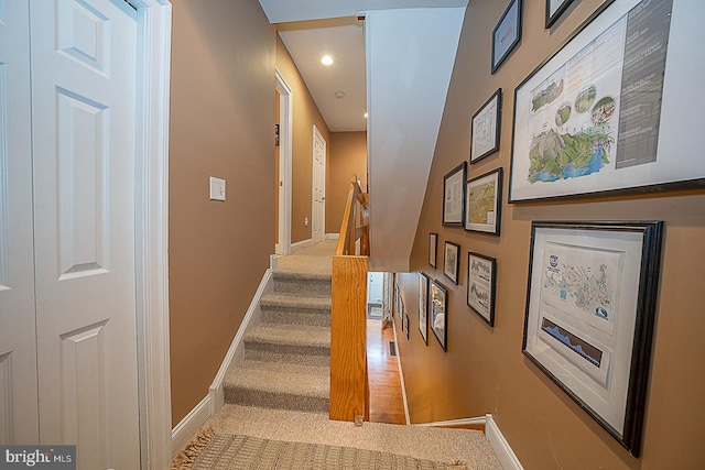 staircase with light colored carpet