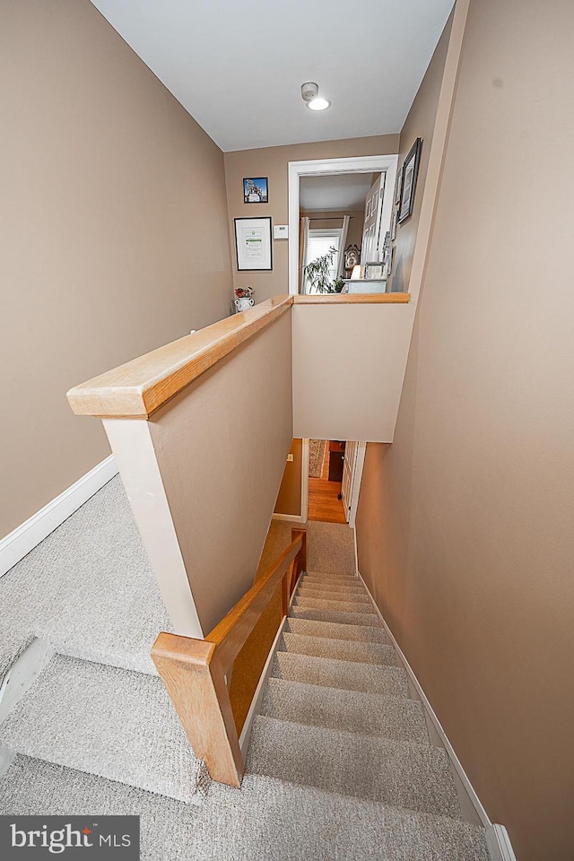 staircase with light carpet