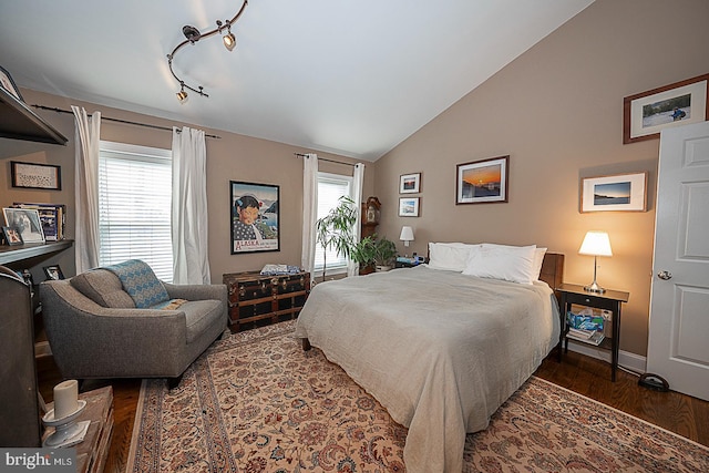 bedroom featuring lofted ceiling, dark wood-type flooring, track lighting, and multiple windows