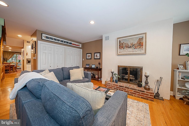 living room featuring a fireplace and light wood-type flooring