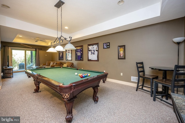 rec room featuring carpet, pool table, and a tray ceiling