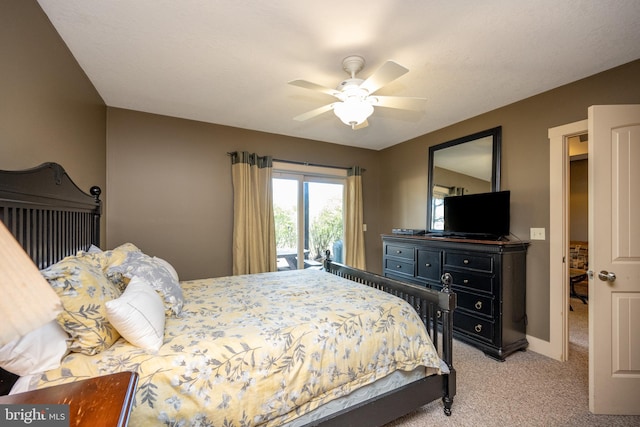 bedroom featuring ceiling fan, carpet, and access to outside