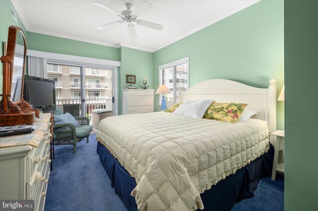 carpeted bedroom with crown molding and ceiling fan