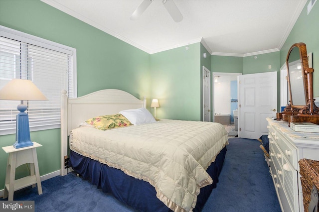 carpeted bedroom featuring ornamental molding, ensuite bathroom, and ceiling fan