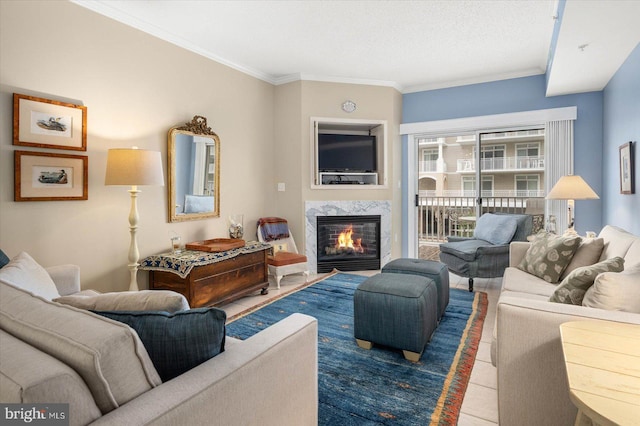 living room featuring a high end fireplace, crown molding, tile patterned floors, and a textured ceiling