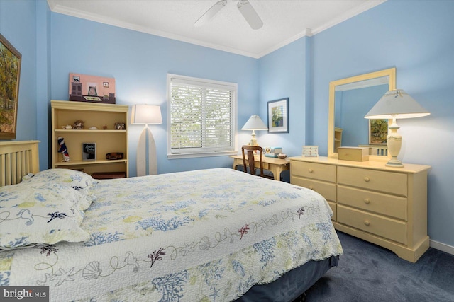 carpeted bedroom featuring crown molding and ceiling fan