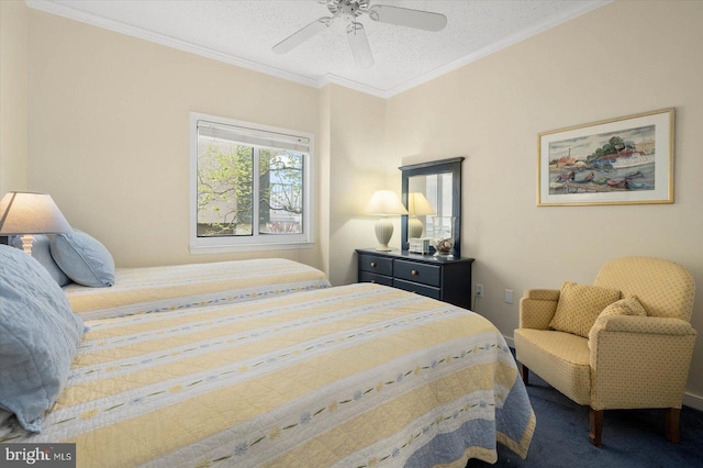 bedroom featuring crown molding, ceiling fan, carpet floors, and a textured ceiling