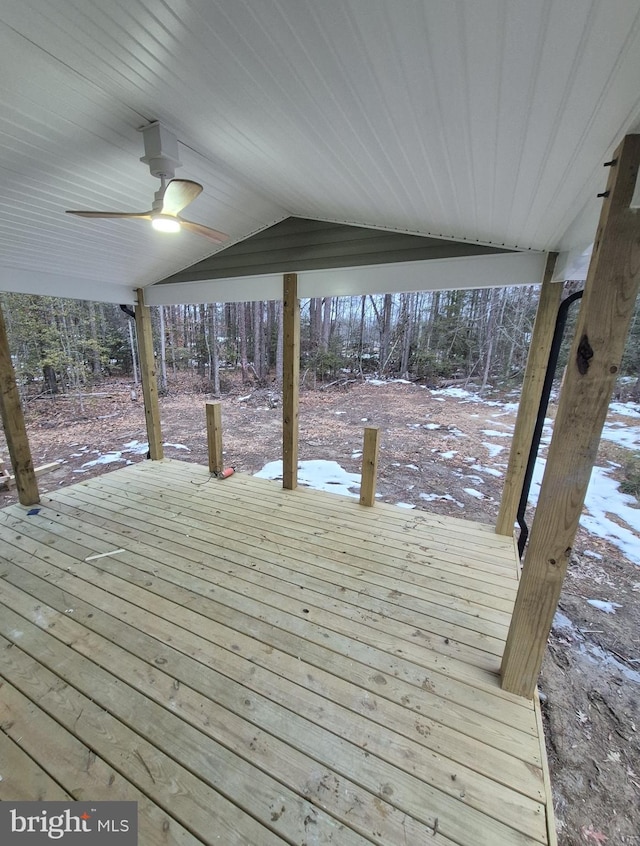 snow covered deck with ceiling fan