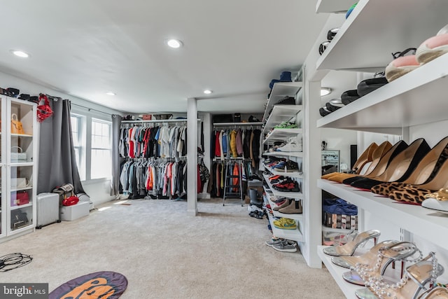 walk in closet with light colored carpet and radiator