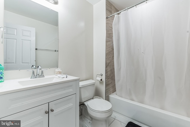 full bathroom with oversized vanity, shower / bathtub combination with curtain, toilet, and tile flooring