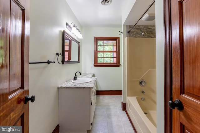 bathroom featuring shower / bathtub combination, tile patterned floors, and vanity