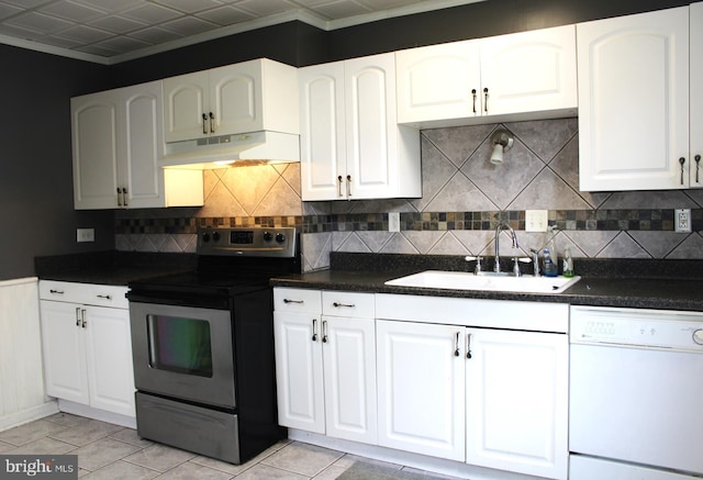 kitchen with sink, white cabinetry, tasteful backsplash, white dishwasher, and stainless steel electric stove