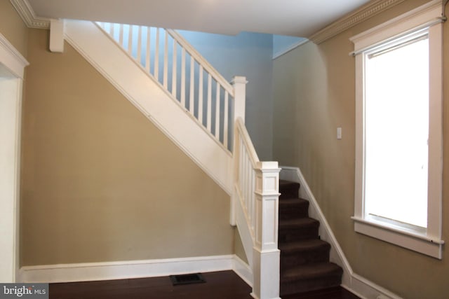 stairway with crown molding and hardwood / wood-style floors