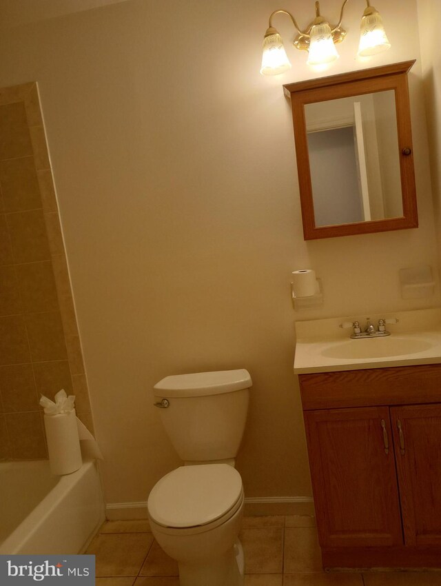 full bathroom with toilet, tile floors, bathing tub / shower combination, and large vanity