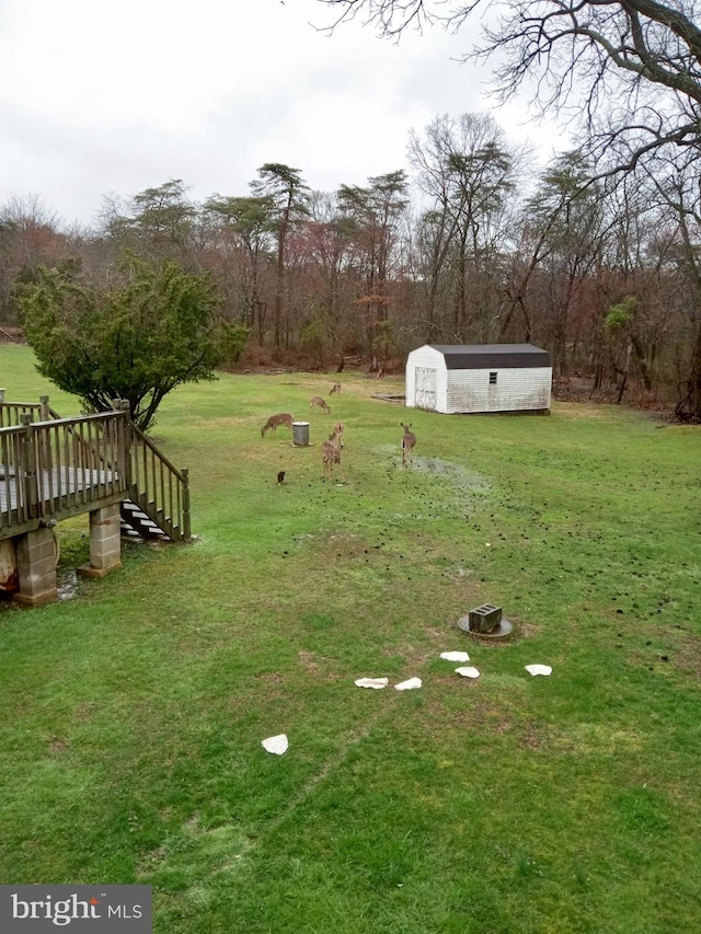 view of yard featuring a storage unit