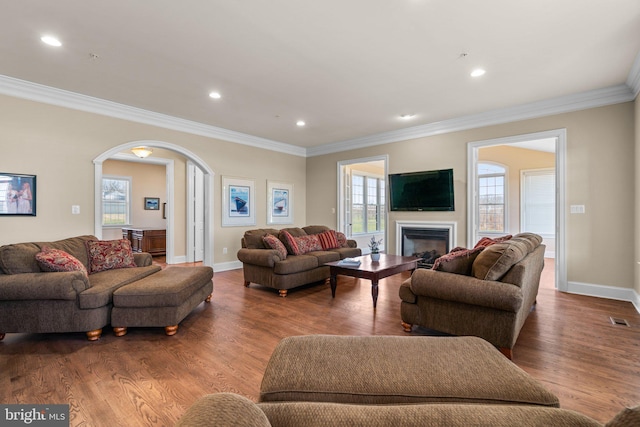 living room featuring ornamental molding and hardwood / wood-style flooring