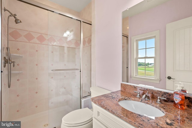 bathroom with vanity, toilet, and an enclosed shower