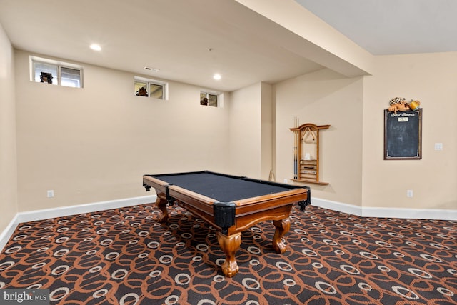 recreation room featuring carpet and billiards