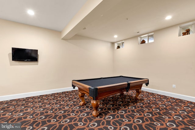 game room with carpet floors and billiards