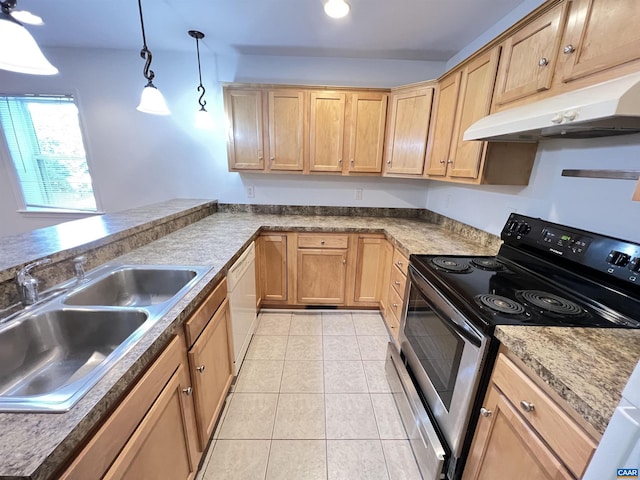 kitchen with decorative light fixtures, light tile flooring, white dishwasher, sink, and stainless steel electric range oven