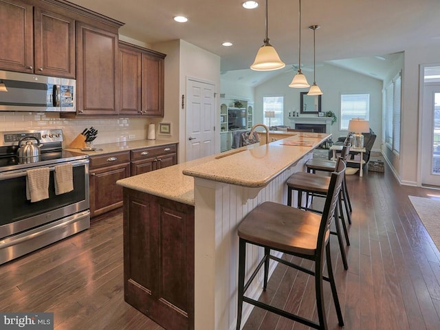 kitchen featuring lofted ceiling, appliances with stainless steel finishes, backsplash, and dark hardwood / wood-style floors