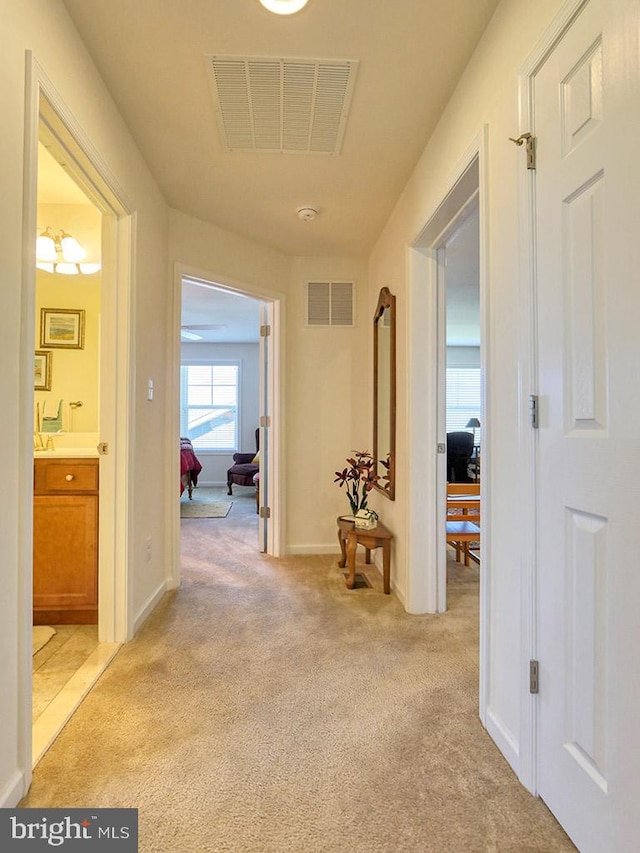 hallway with light colored carpet