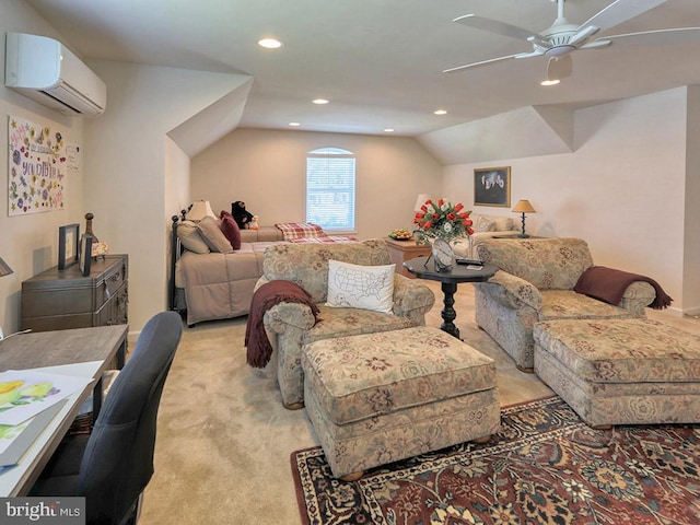 carpeted living room with lofted ceiling, ceiling fan, and a wall mounted AC