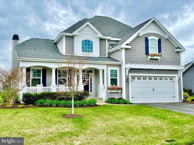 view of front of property with a front yard, a garage, and covered porch