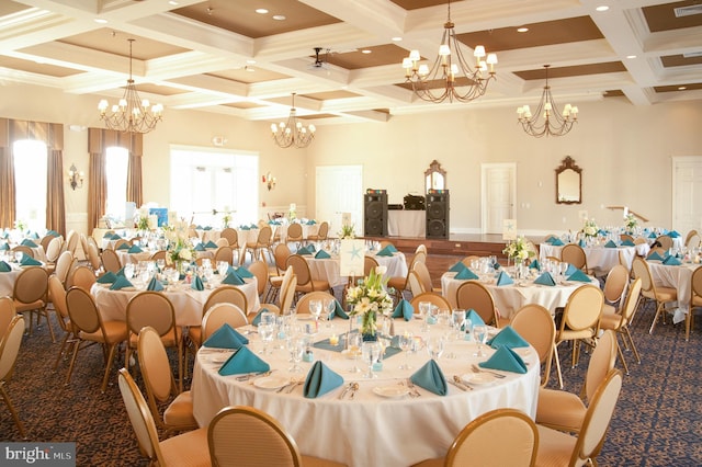 carpeted dining area with beam ceiling, coffered ceiling, and a chandelier