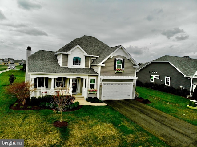 view of front of property featuring a front lawn, a garage, and a porch