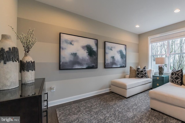 living room with dark hardwood / wood-style flooring