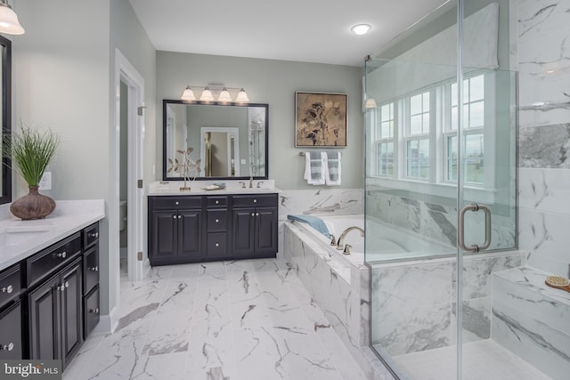 bathroom featuring tile floors, vanity, and plus walk in shower